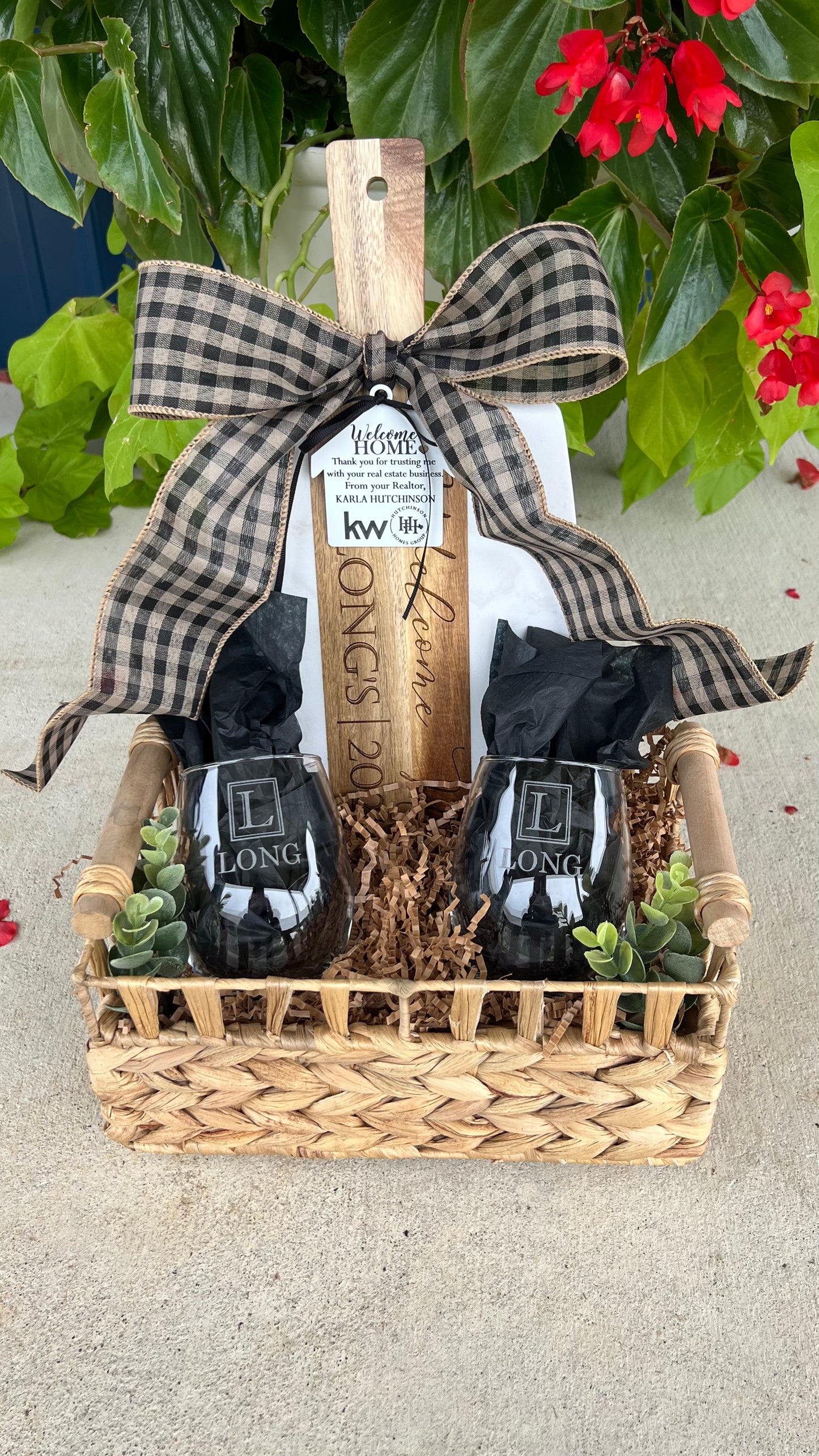 Custom Gift Basket- Marble & Wood Serving Board + Wine Glasses