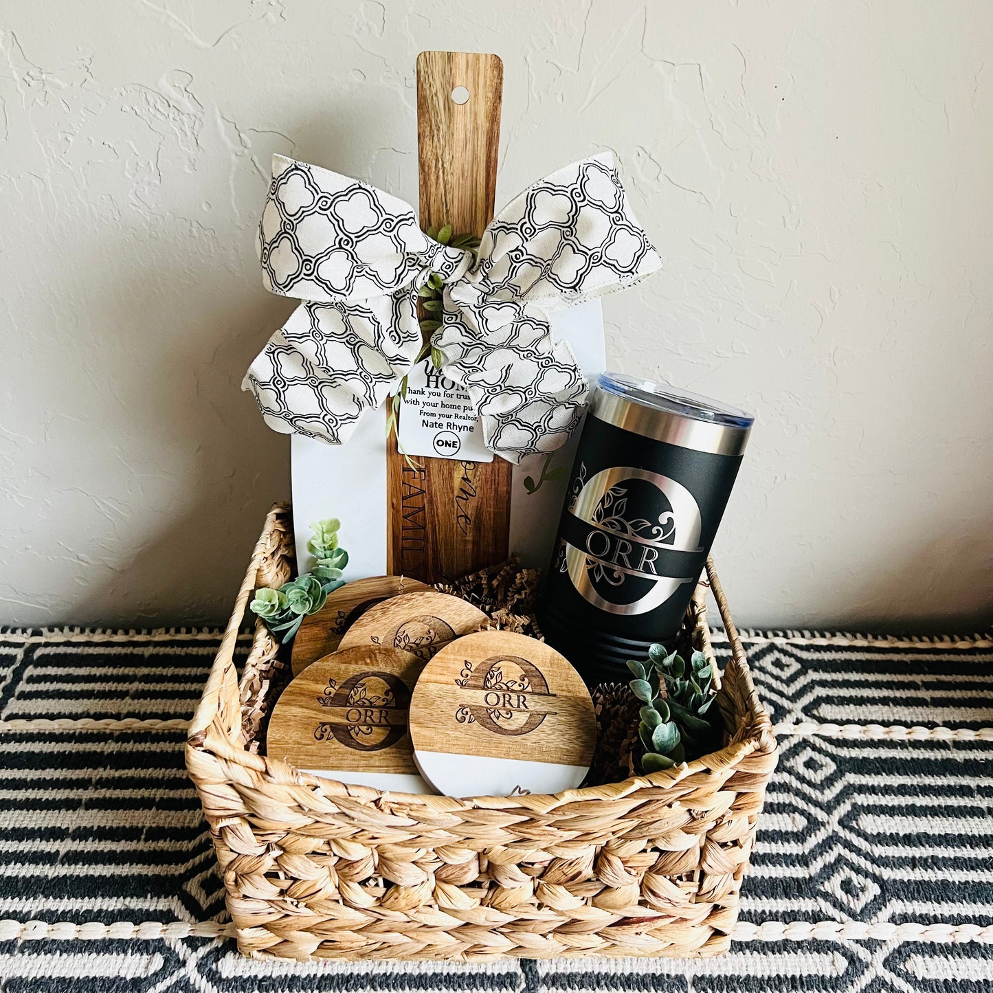 Custom Gift Basket- Marble & Wood Serving Board + Coasters + Tumbler