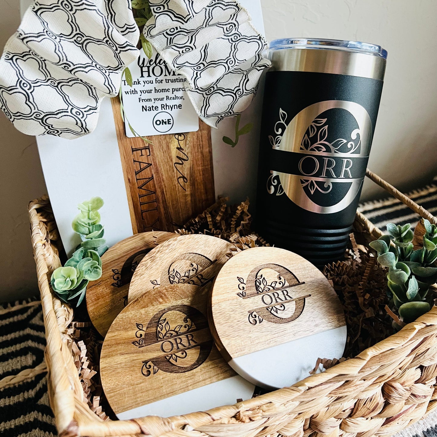 Custom Closing Gift Basket-Acacia Wood and White Marble Serving Board + Wood/Marble Coasters + 20 oz Tumbler