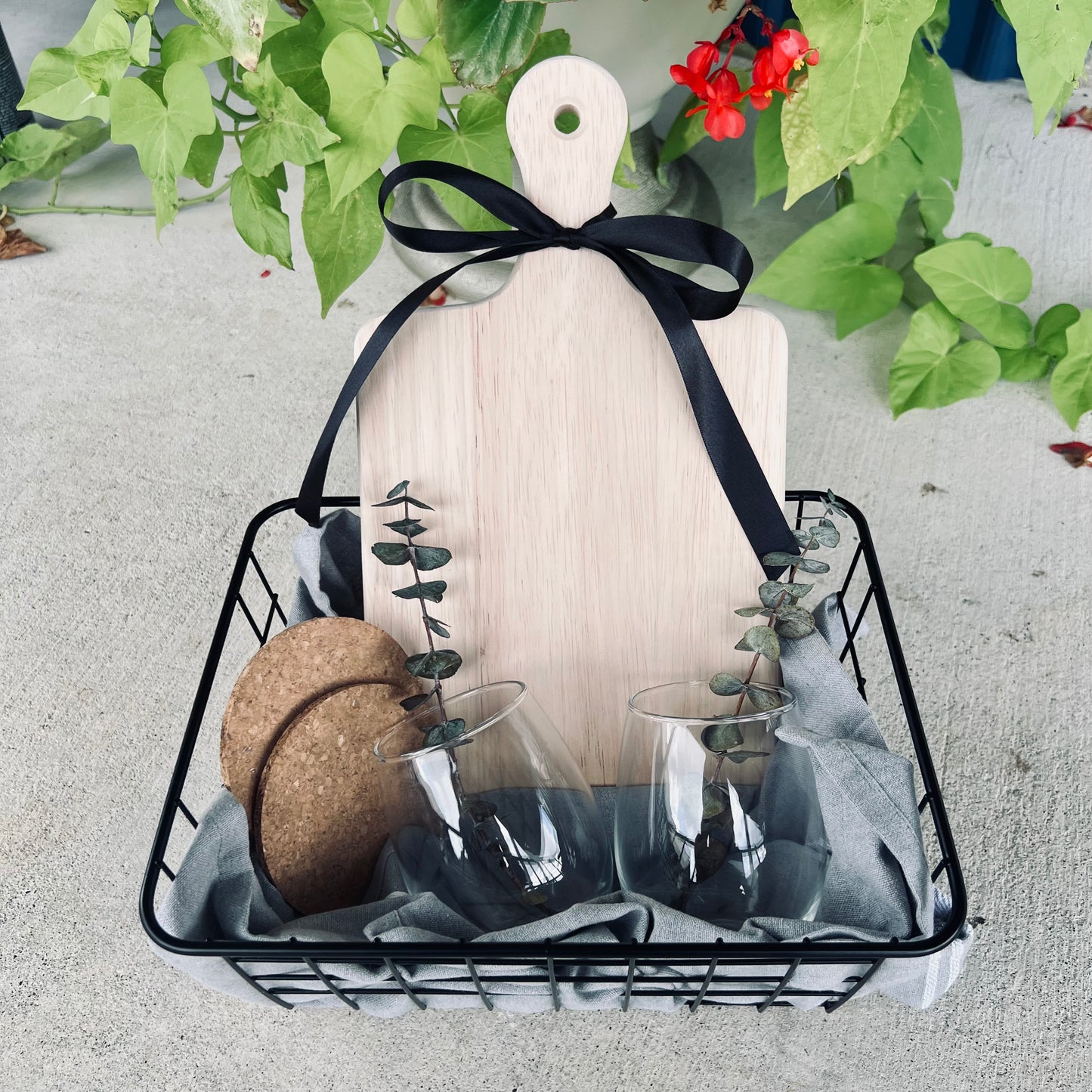Custom Gift Basket- Wood Board + 2 Cork Coasters + 2 Wine Glasses