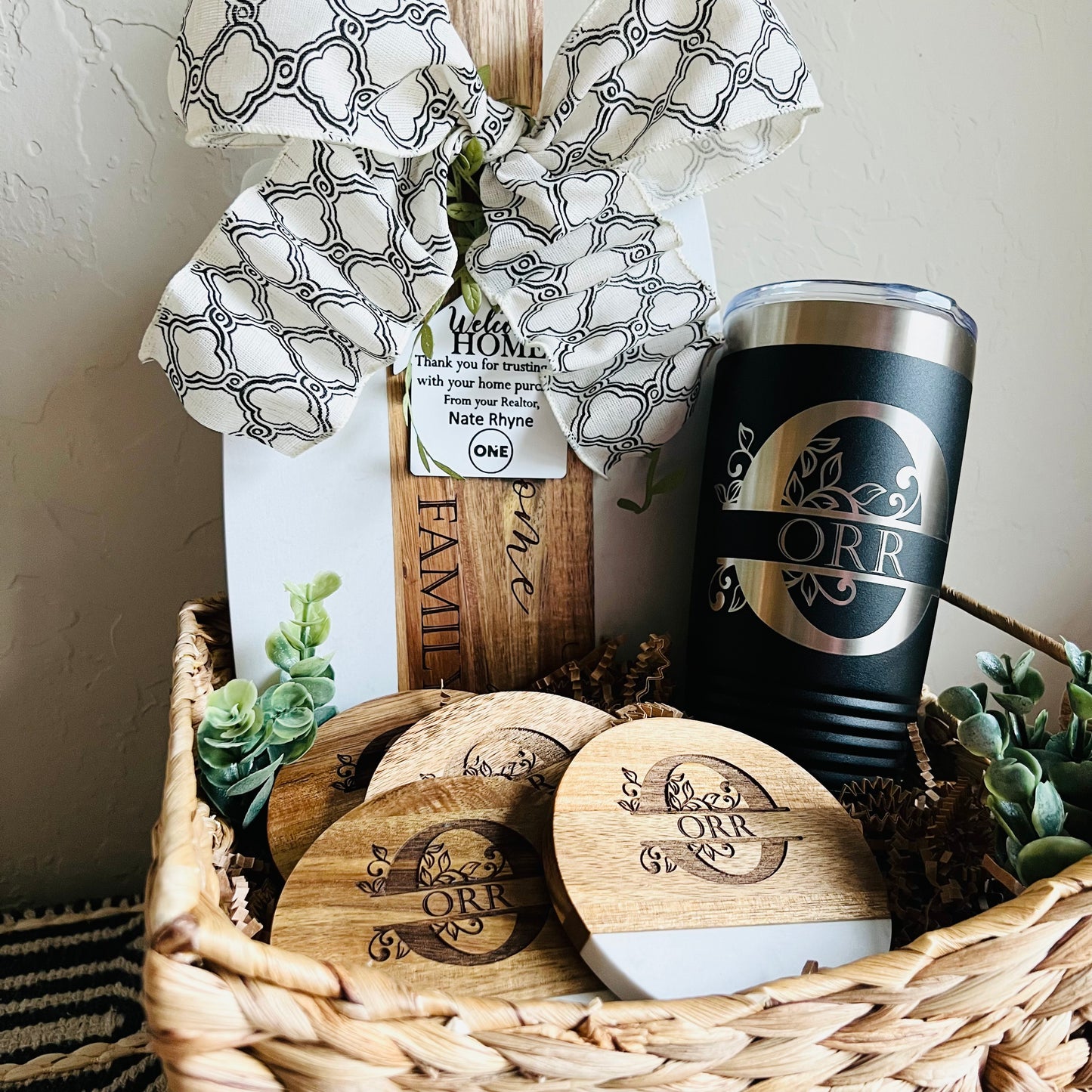 Custom Closing Gift Basket-Acacia Wood and White Marble Serving Board + Wood/Marble Coasters + 20 oz Tumbler