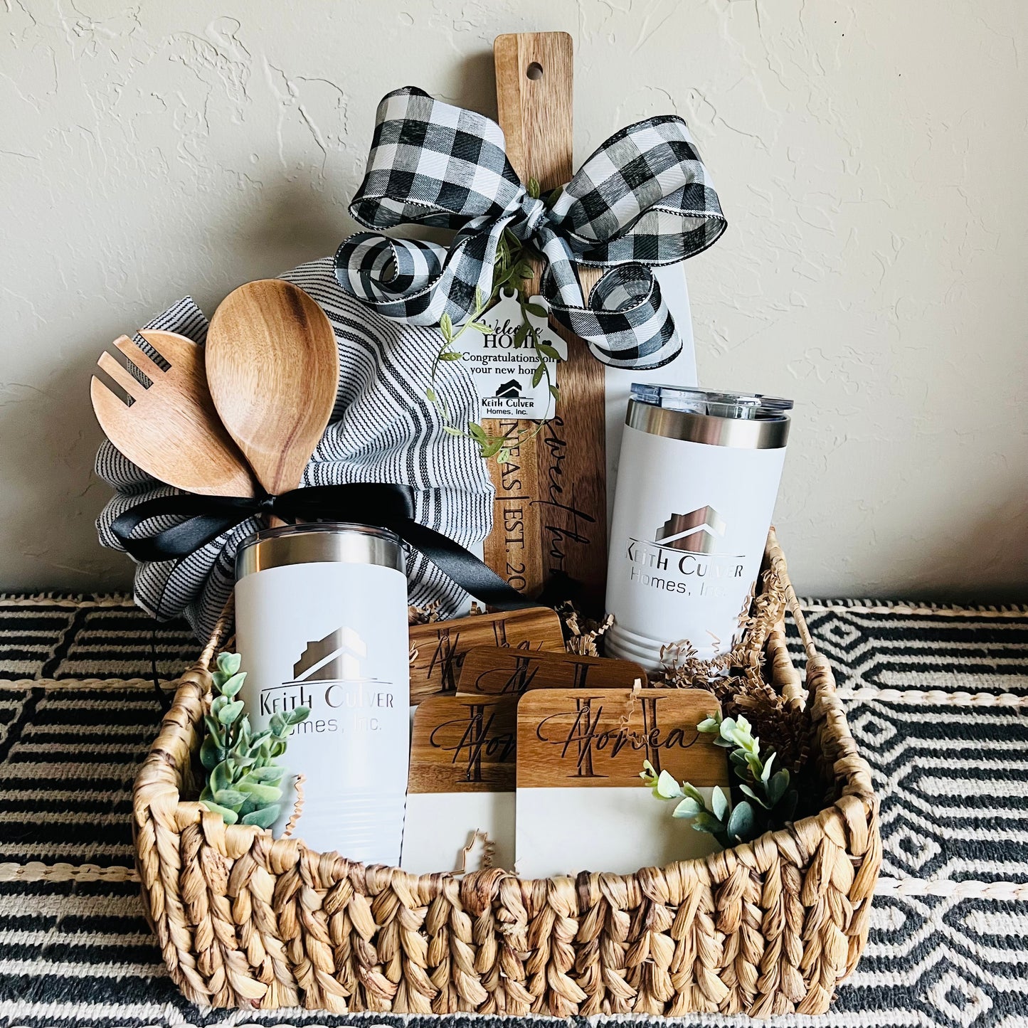 Custom Gift Basket- Marble & Wood Serving Board + Coasters + Serving Spoon Set with Towel + Tumblers