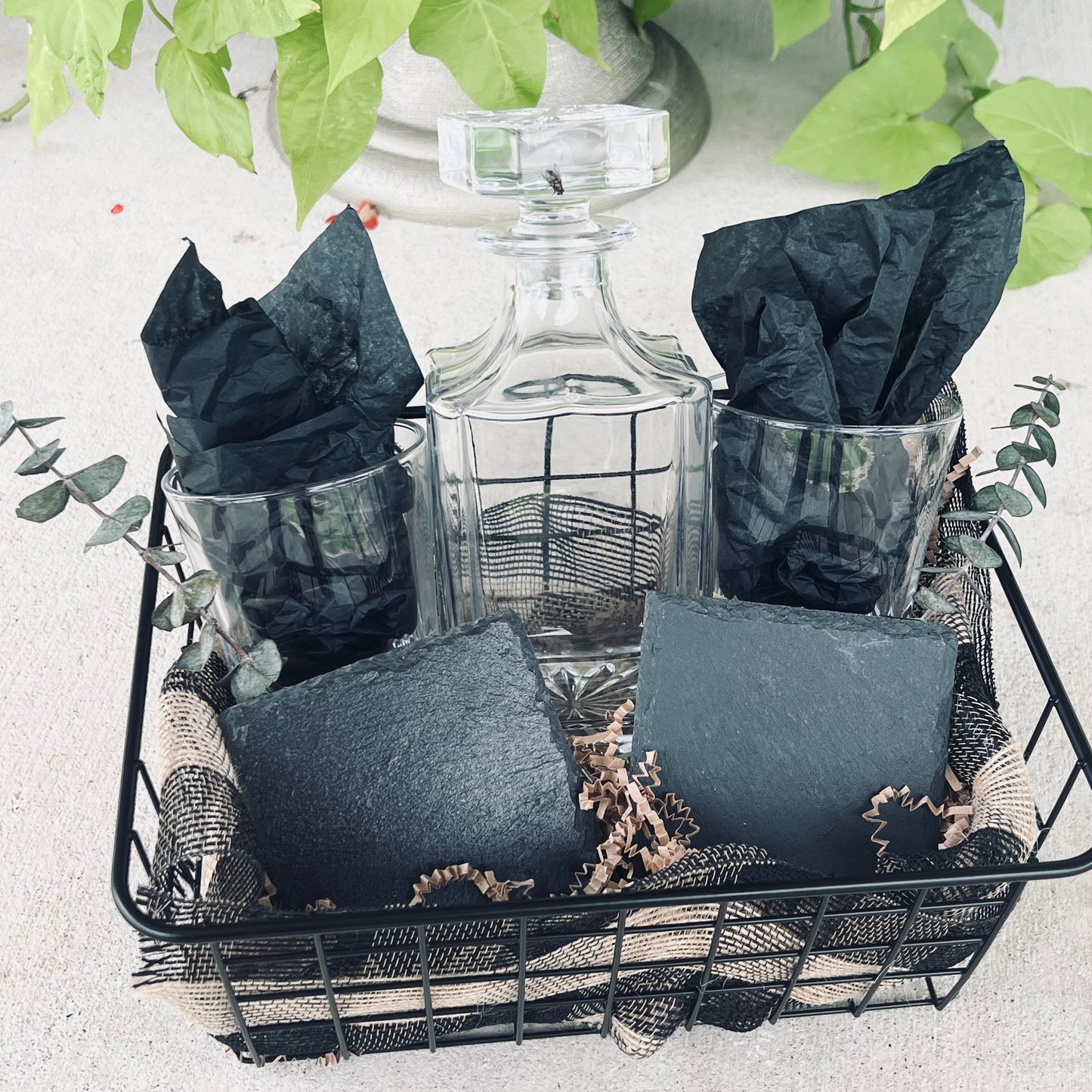 Custom Gift Basket- Glass Decanter + 2 Rock Glasses + 2 Slate Coasters