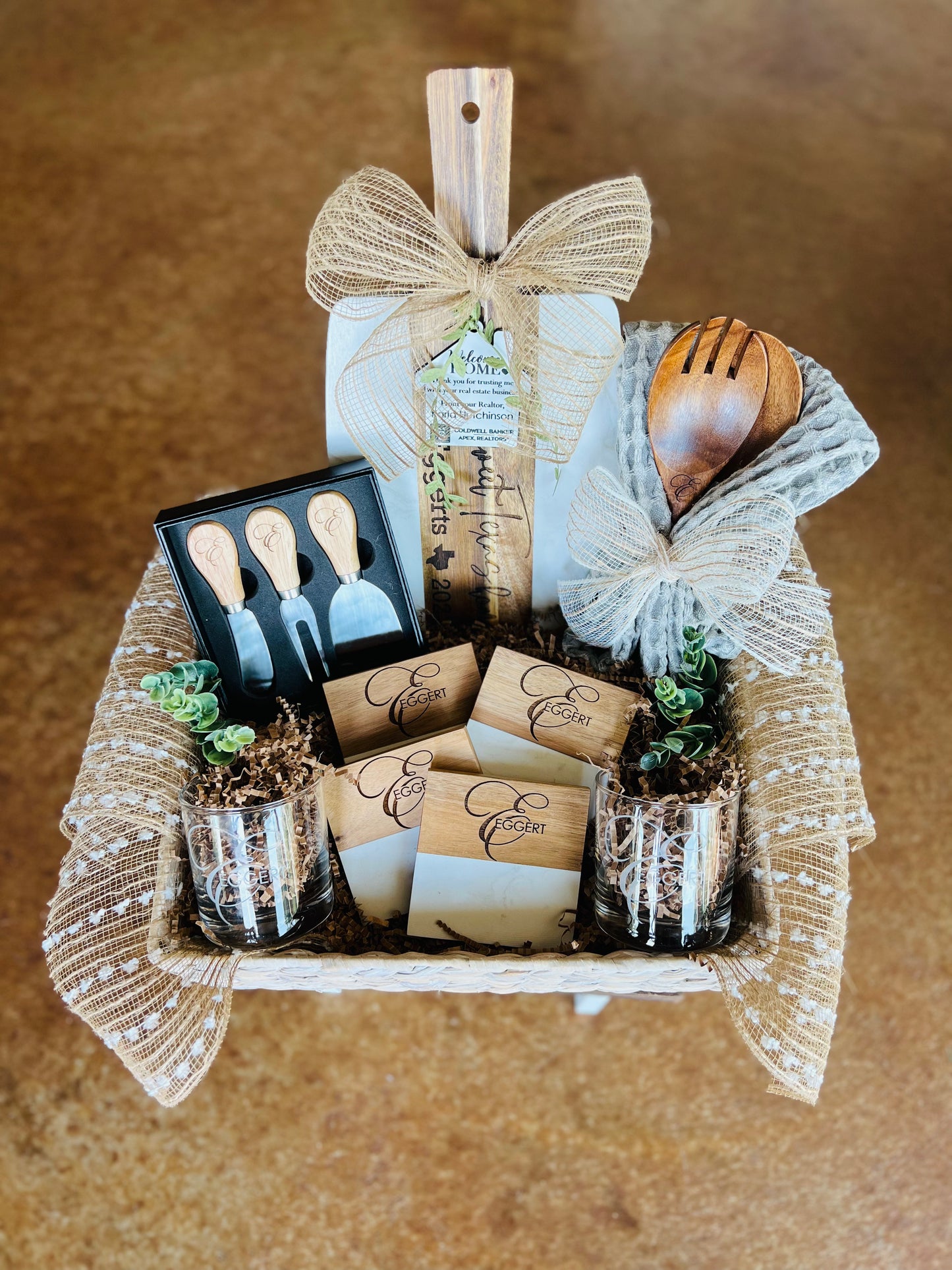 Custom Gift Basket- Wood & White Marble Serving Board + Wood Serving Spoons w/ Towel + 4 Wood & White Marble Coasters + Cheese Knife Set + 2 Rock Glasses