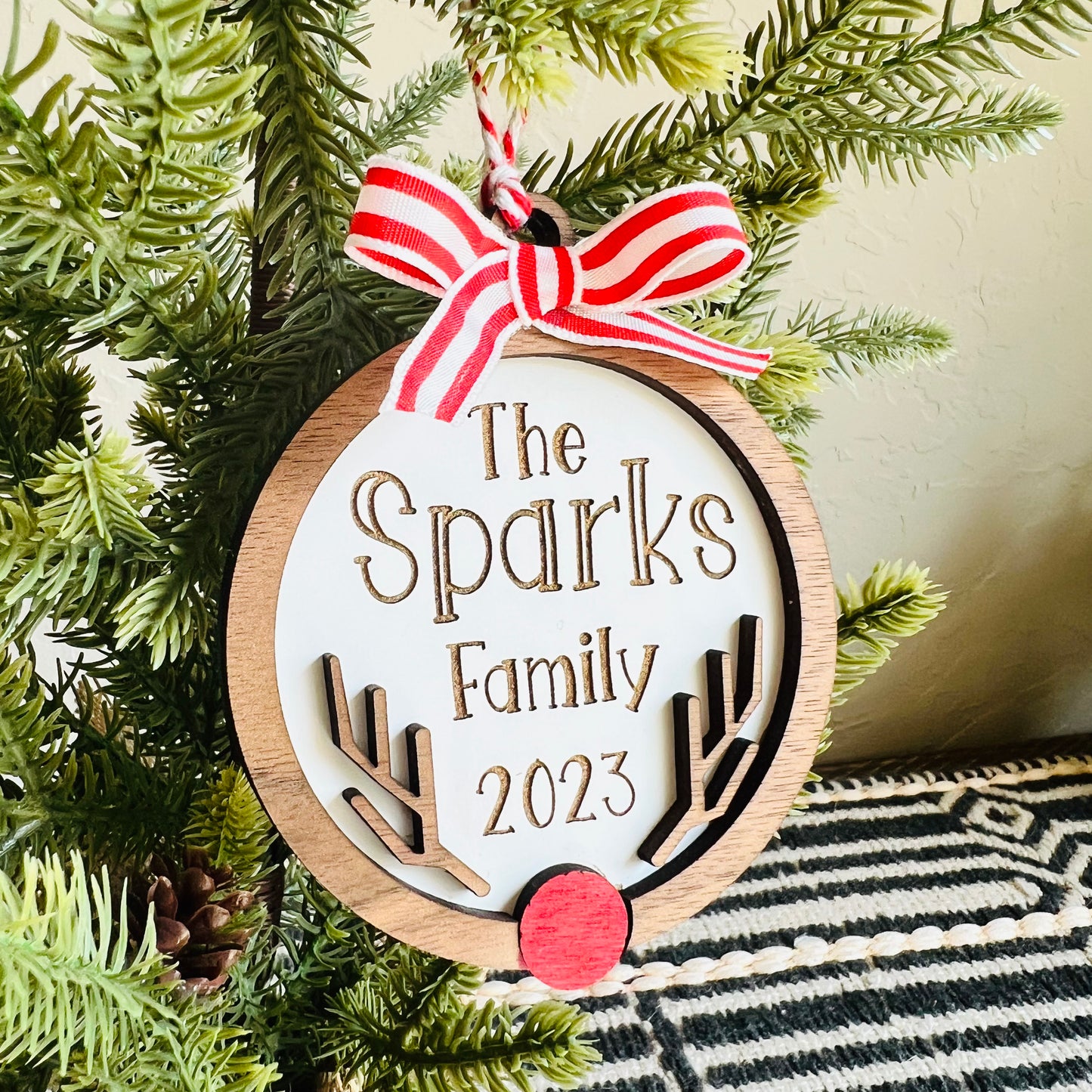 Christmas Ornament-Red Nose Reindeer Custom Family Name