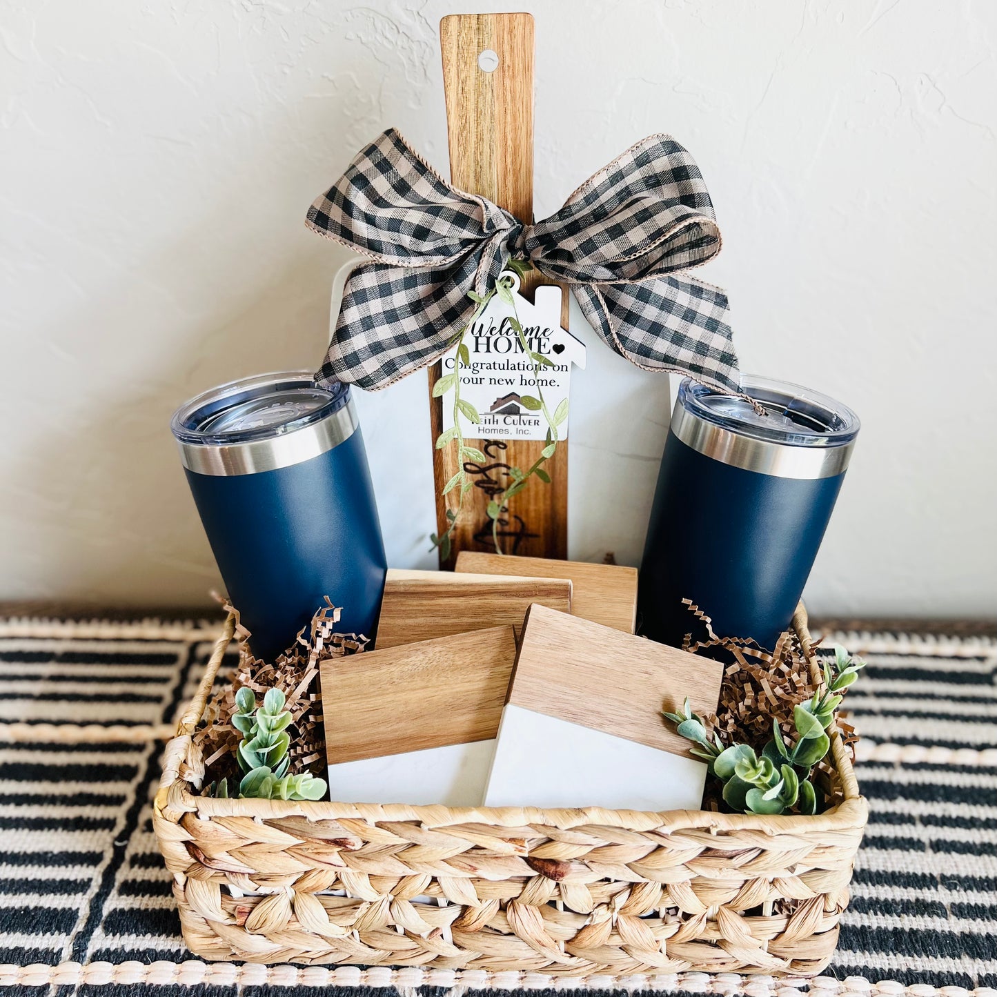 Custom Gift Basket- Marble & Wood Serving Board + Coasters + Tumblers