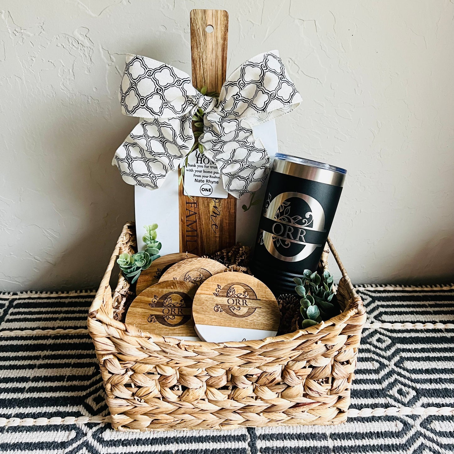 Custom Closing Gift Basket-Acacia Wood and White Marble Serving Board + Wood/Marble Coasters + 20 oz Tumbler