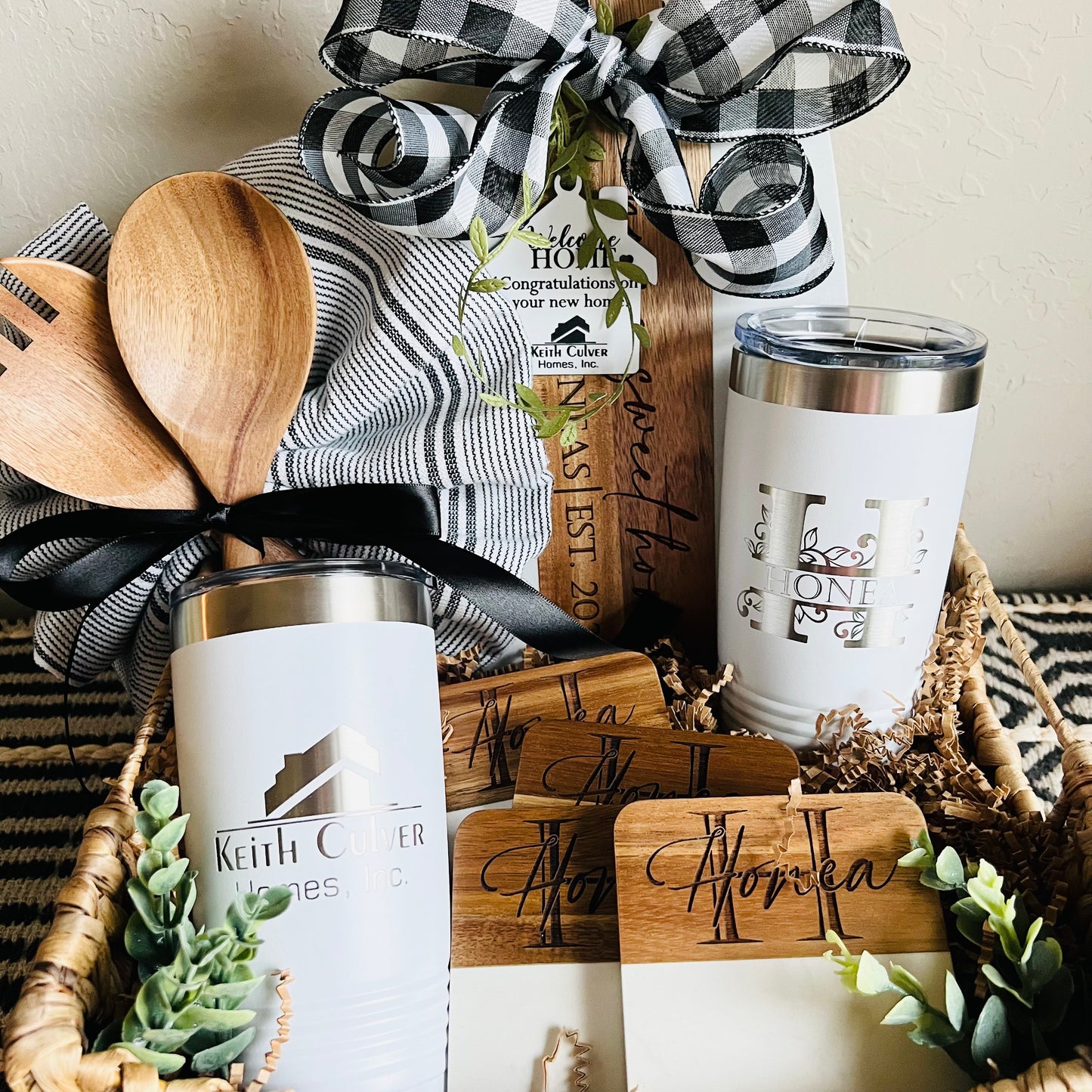 Custom Gift Basket- Marble & Wood Serving Board + Coasters + Serving Spoon Set with Towel + Tumblers