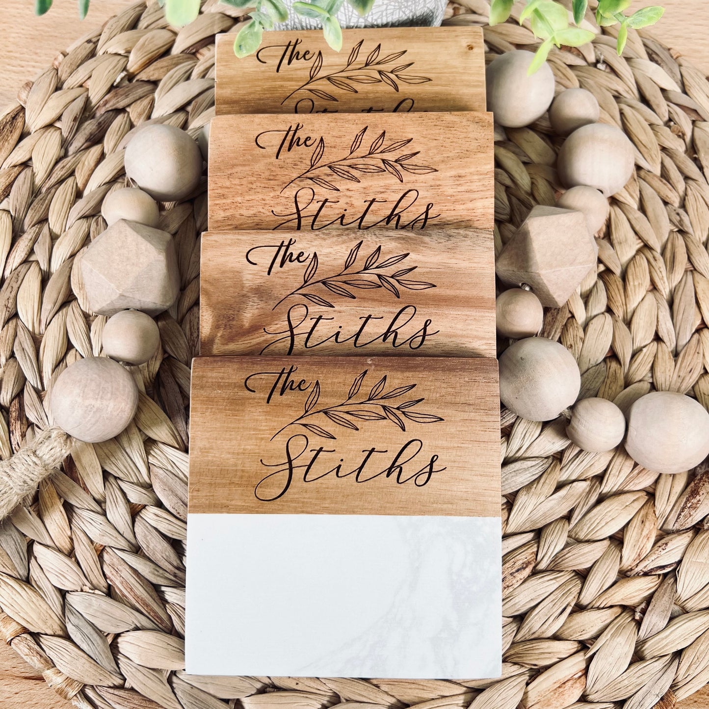 White Marble/Acacia Wood Coaster Set