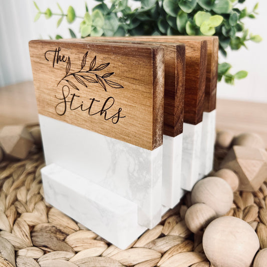 White Marble/Acacia Wood Coaster Set