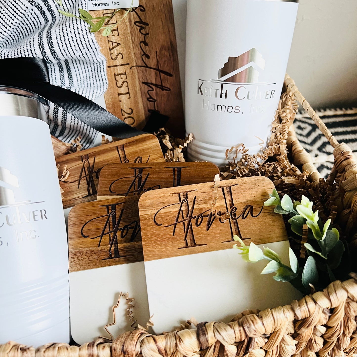 Custom Gift Basket- Marble & Wood Serving Board + Coasters + Serving Spoon Set with Towel + Tumblers