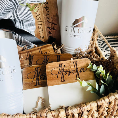 Custom Gift Basket- Marble & Wood Serving Board + Coasters + Serving Spoon Set with Towel + Tumblers