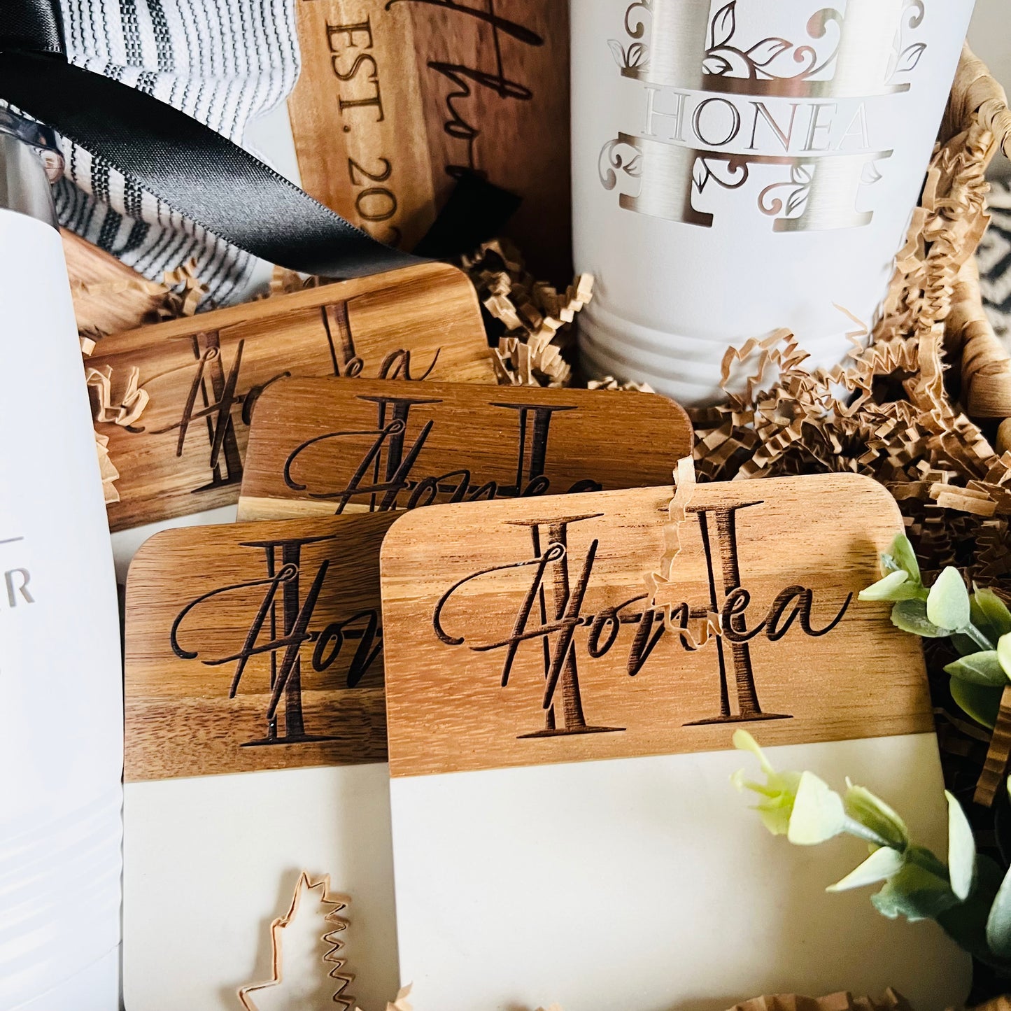 Custom Gift Basket- Marble & Wood Serving Board + Coasters + Serving Spoon Set with Towel + Tumblers