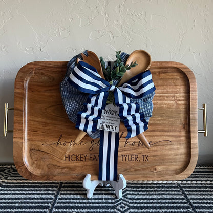 Custom Gift Set- Acacia Wood Serving Tray + Wood Serving Spoons & Hand Towel