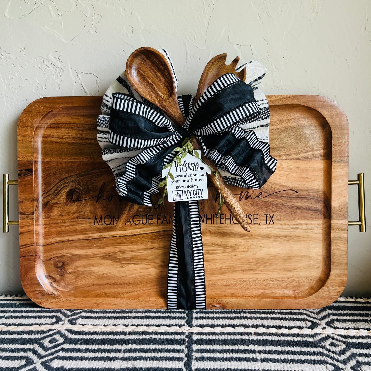 Custom Gift Set- Acacia Wood Serving Tray + Wood Serving Spoons & Hand Towel