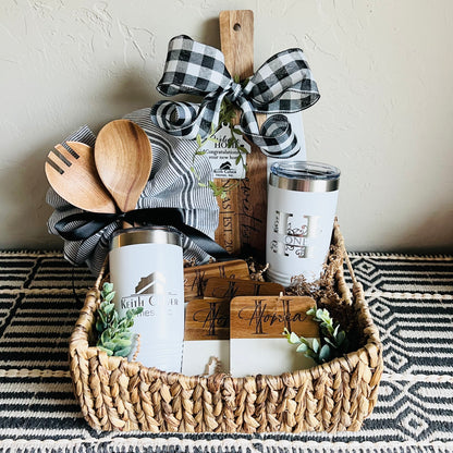 Custom Gift Basket- Marble & Wood Serving Board + Coasters + Serving Spoon Set with Towel + Tumblers