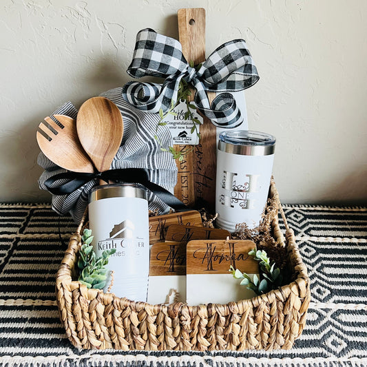 Custom Closing Gift Basket-Acacia Wood and White Marble Serving Board + Wood/Marble Coasters + Serving Spoon Set & Towel + 20 oz (2) Tumbler Set
