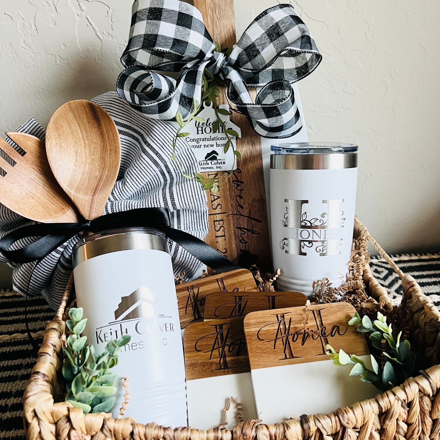Custom Gift Basket- Marble & Wood Serving Board + Coasters + Serving Spoon Set with Towel + Tumblers