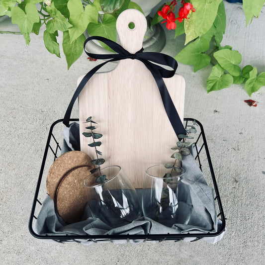 Custom Gift Basket- Wood Board + 2 Cork Coasters + 2 Wine Glasses