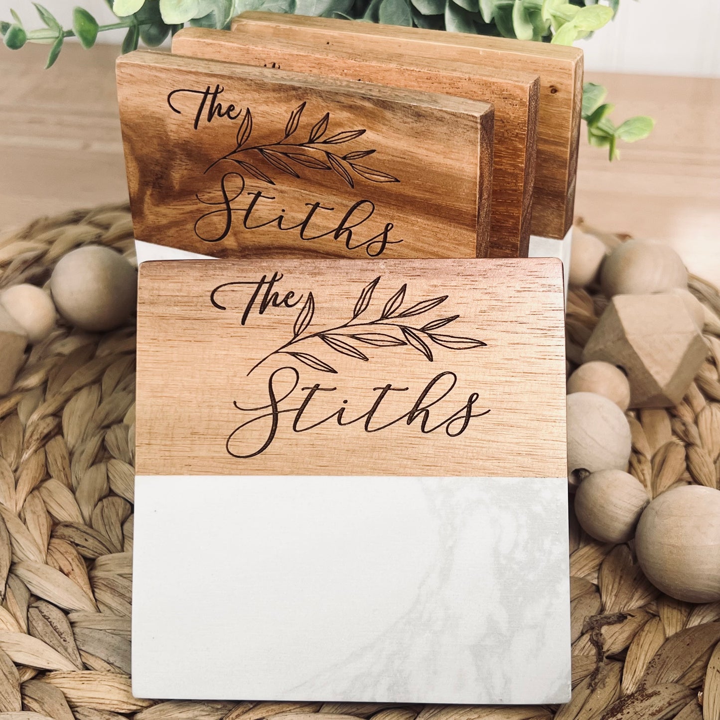 White Marble/Acacia Wood Coaster Set