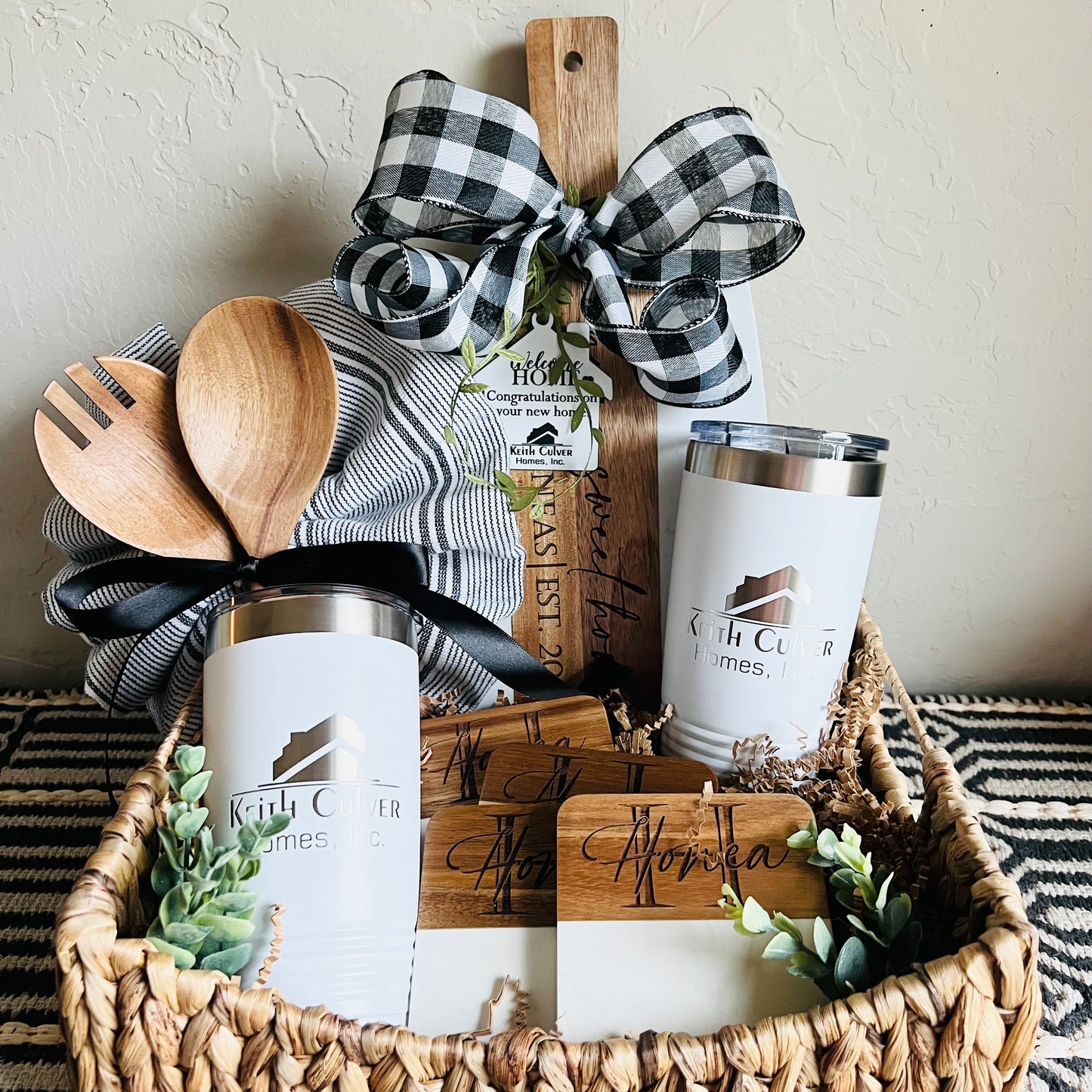 Custom Gift Basket- Marble & Wood Serving Board + Coasters + Serving Spoon Set with Towel + Tumblers