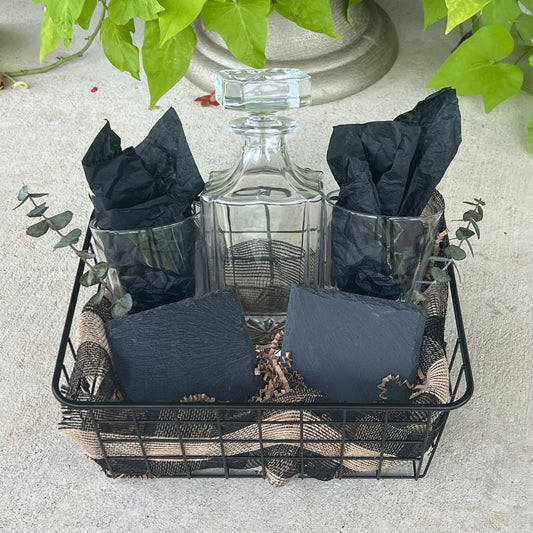 Custom Gift Basket- Glass Decanter + 2 Rock Glasses + 2 Slate Coasters