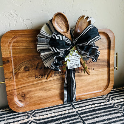 Custom Gift Set- Acacia Wood Serving Tray + Wood Serving Spoons & Hand Towel
