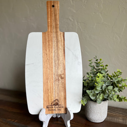 Acacia Wood and White Marble Serving Board