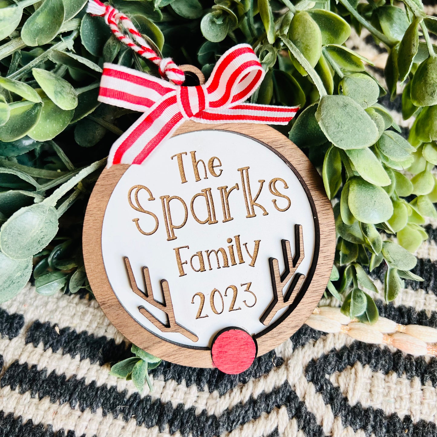 Christmas Ornament-Red Nose Reindeer Custom Family Name