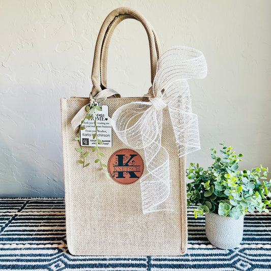Small Burlap Gift Bag with Custom Leather Patch