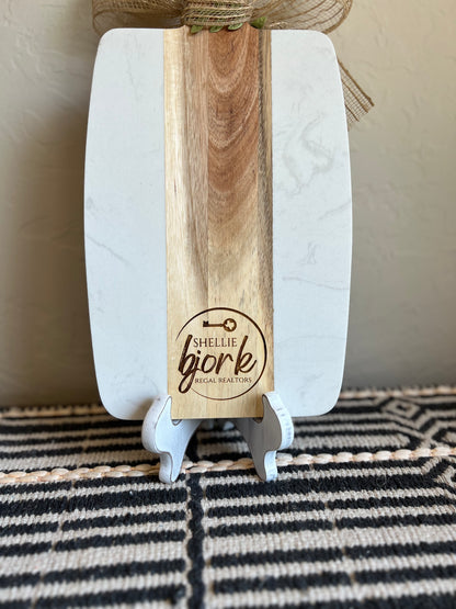 Custom Gift Set-Acacia Wood and White Marble Serving Board + Cheese Knife Set