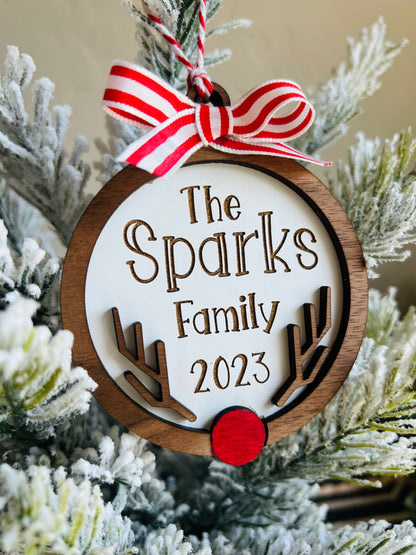 Christmas Ornament-Red Nose Reindeer Custom Family Name