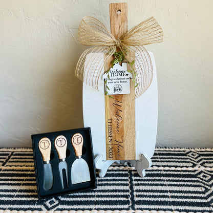 Custom Gift Set-Acacia Wood and White Marble Serving Board + Cheese Knife Set